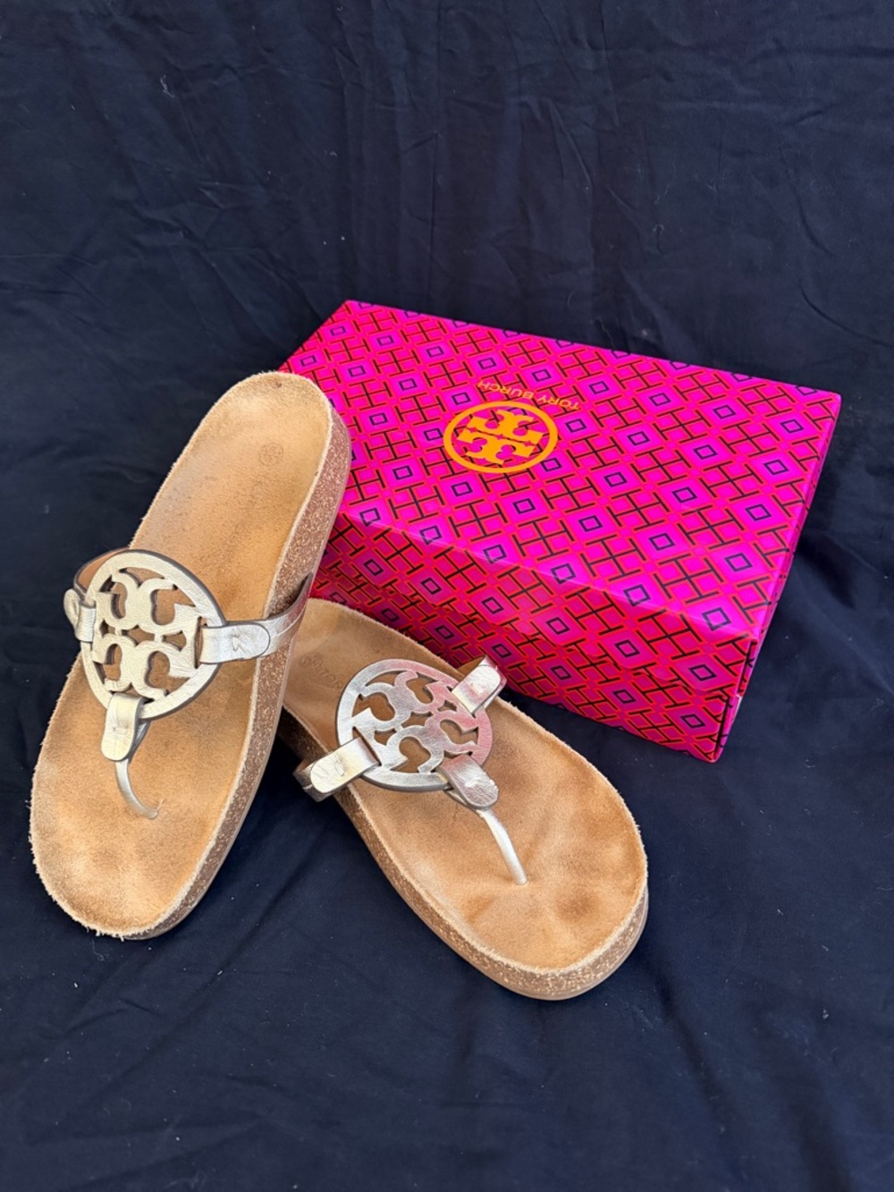 Tory Burch Metallic Gold Leather Thong Sandals with Icon Logo